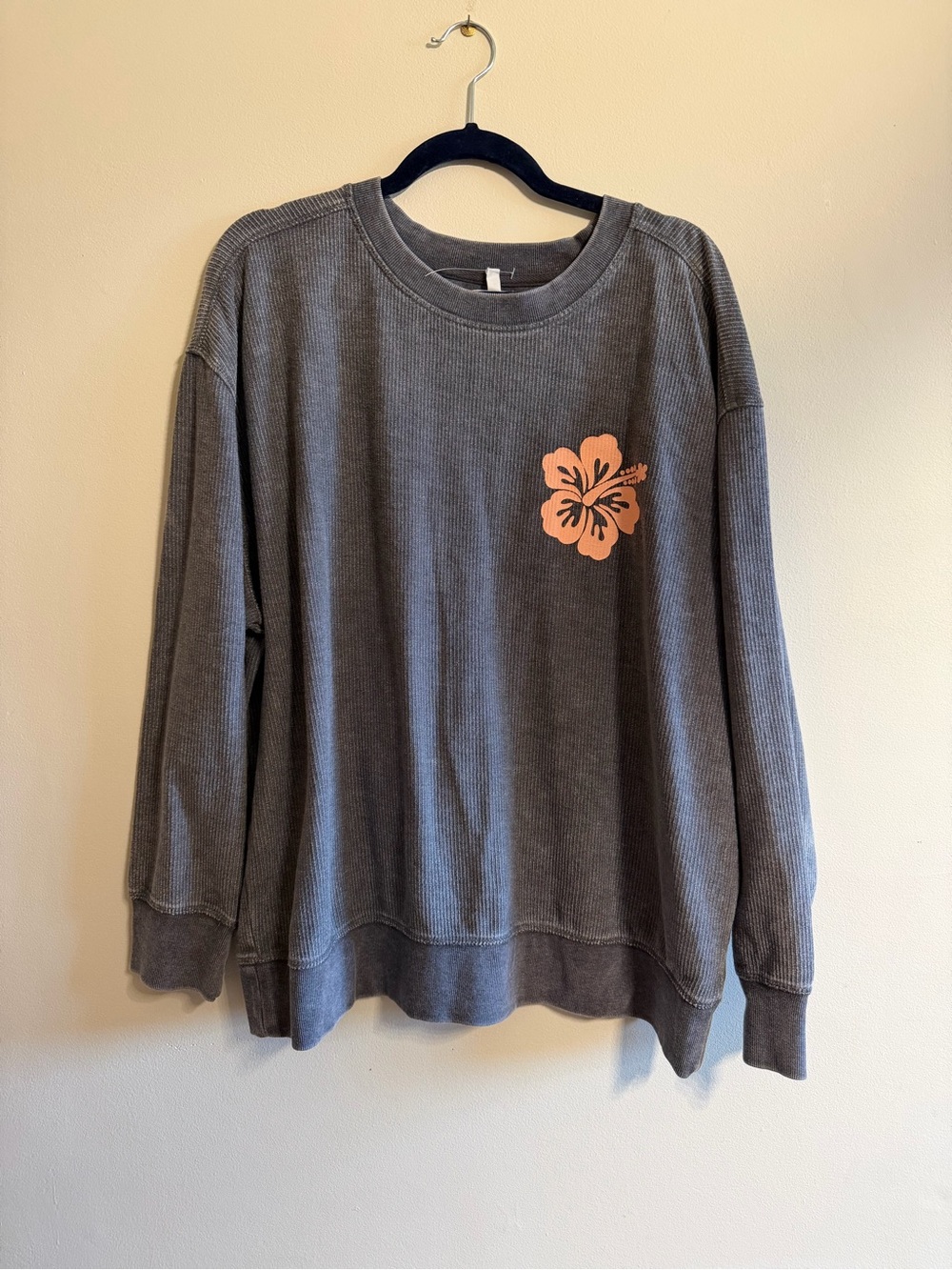 Maurices Charcoal Gray Waffle Crewneck with Peach Floral Print 1X
